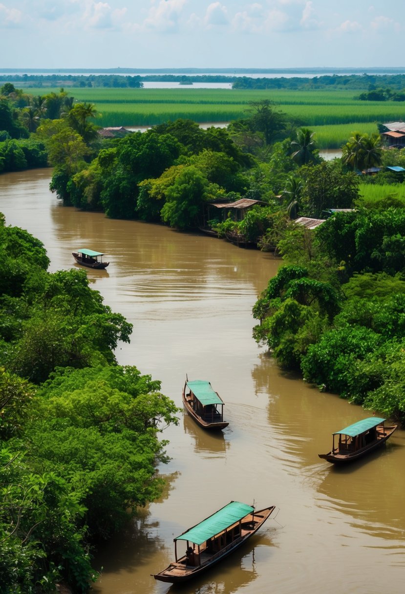 A serene river winds through lush greenery and traditional Vietnamese boats, surrounded by peaceful countryside in the Mekong Delta