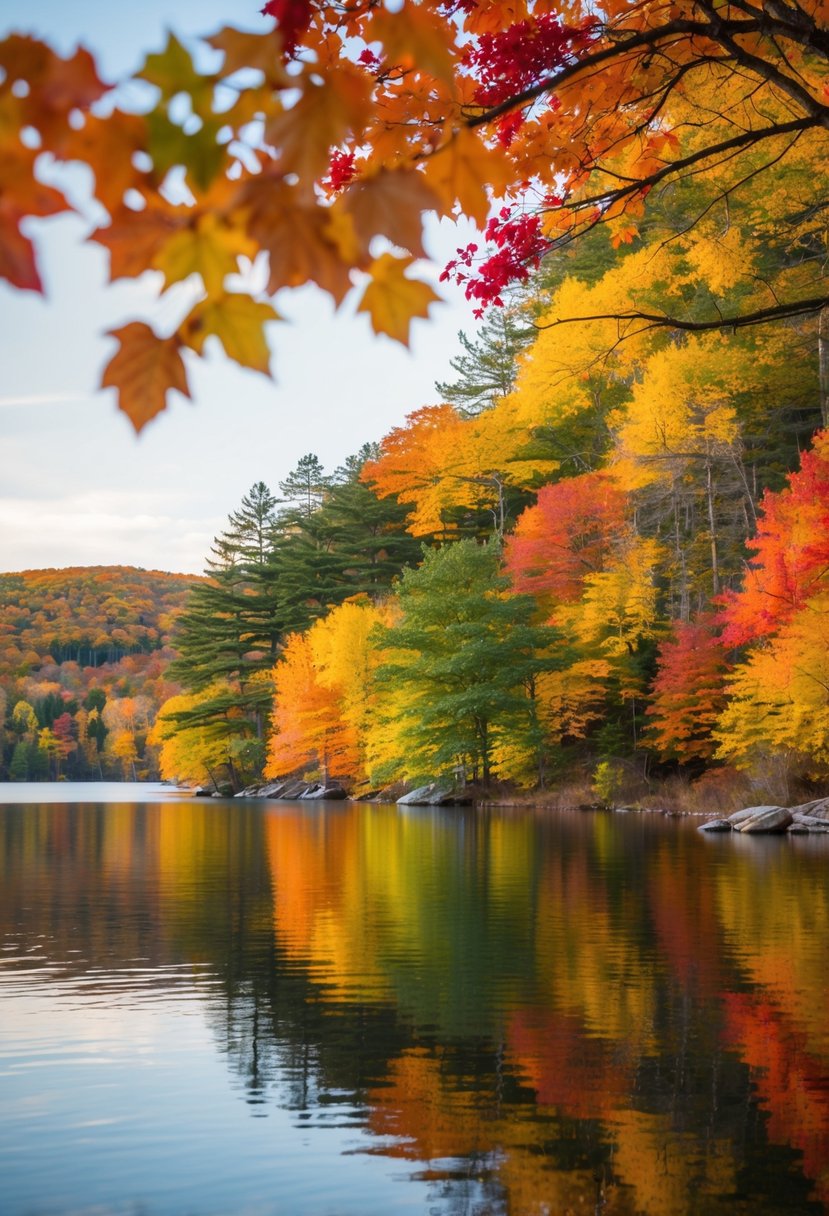 A serene lake surrounded by vibrant autumn foliage in Lake Placid, New York