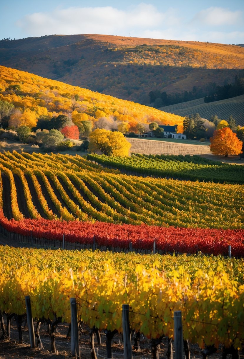 Vineyard in Sonoma County with colorful autumn foliage and rolling hills