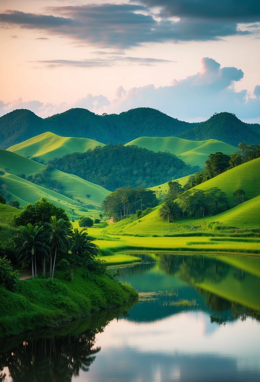 A serene countryside in Dalat, Vietnam. Rolling green hills, lush forests, and tranquil lakes create a romantic honeymoon escape