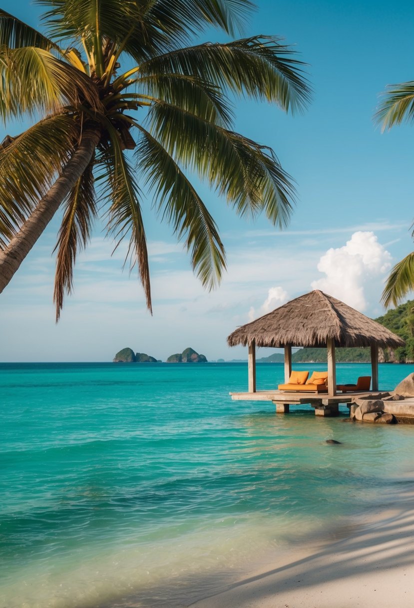 A serene beach on Phu Quoc Island, with turquoise waters, palm trees, and a secluded hut, perfect for a romantic honeymoon getaway in Vietnam