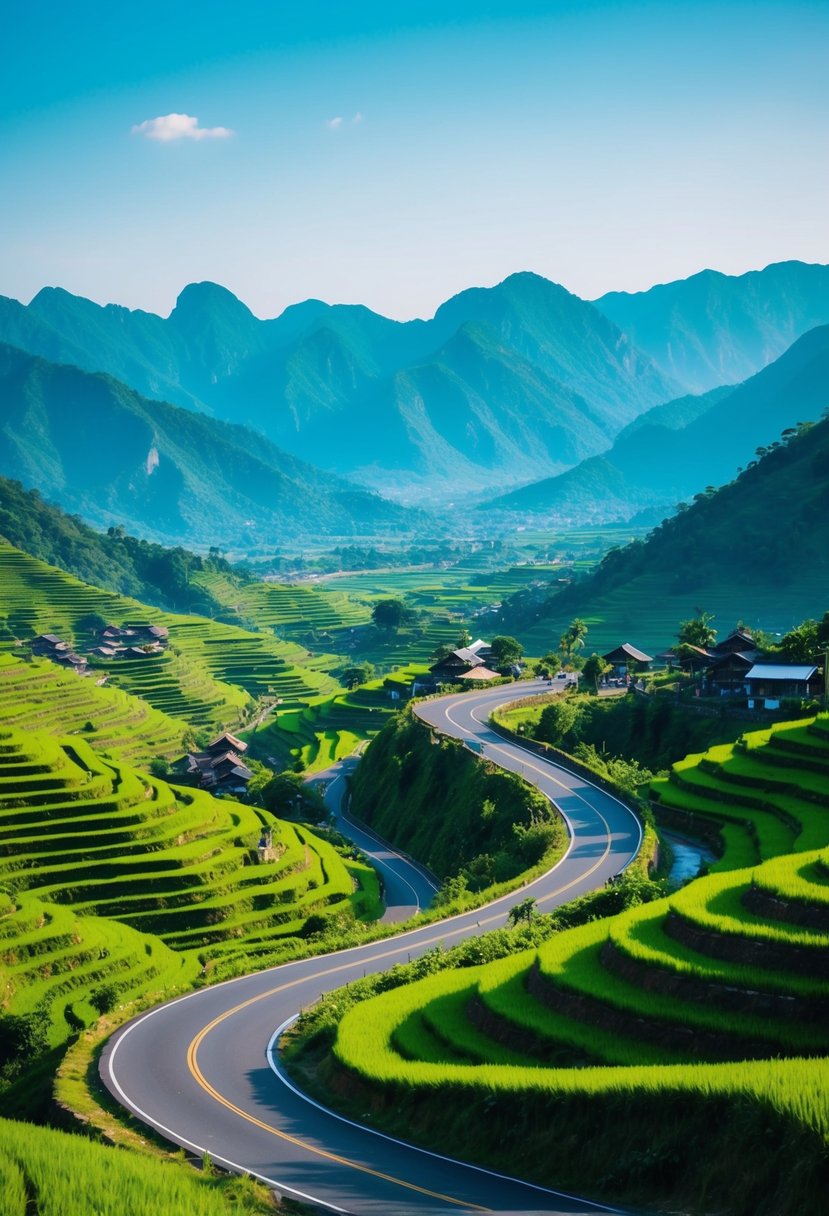 A winding road through lush green mountains, with vibrant rice terraces and traditional villages, set against a clear blue sky