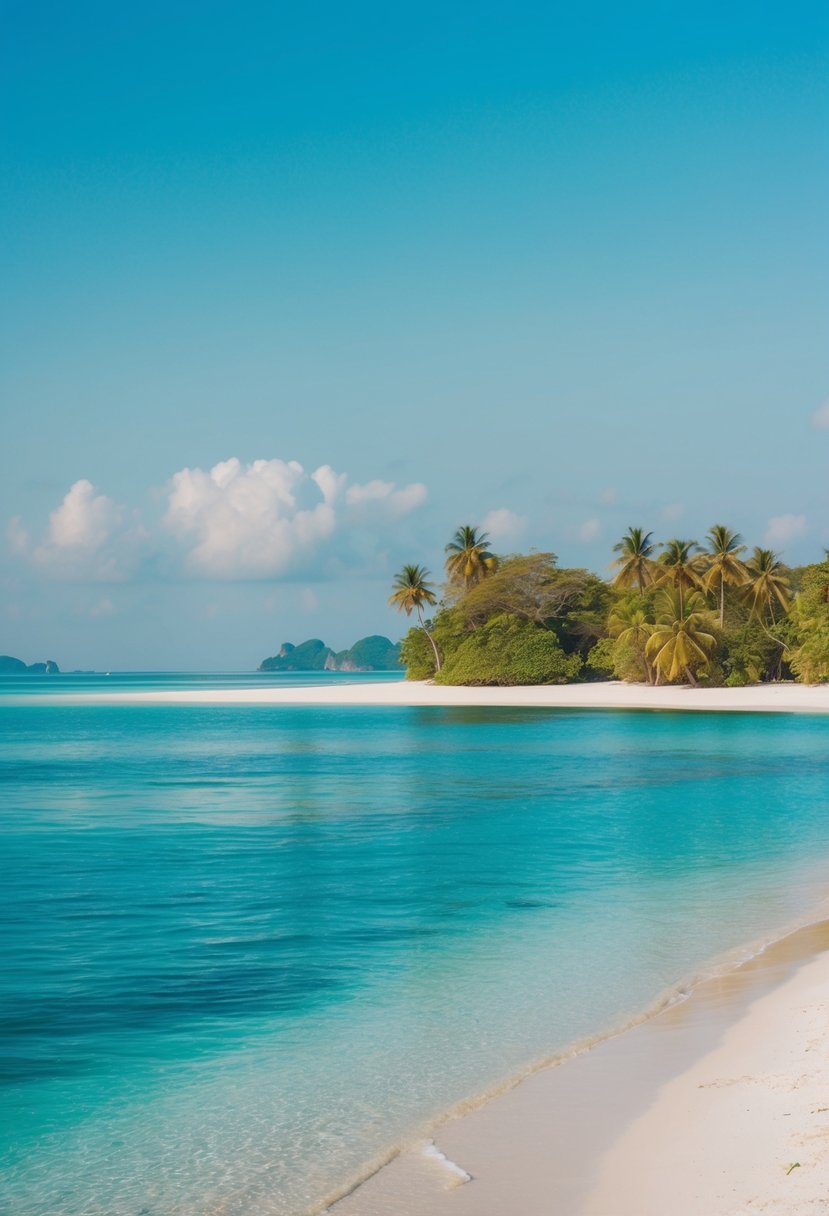 A serene beach on Cat Ba Island, Vietnam, with clear blue waters and white sandy shores, perfect for honeymoon getaways