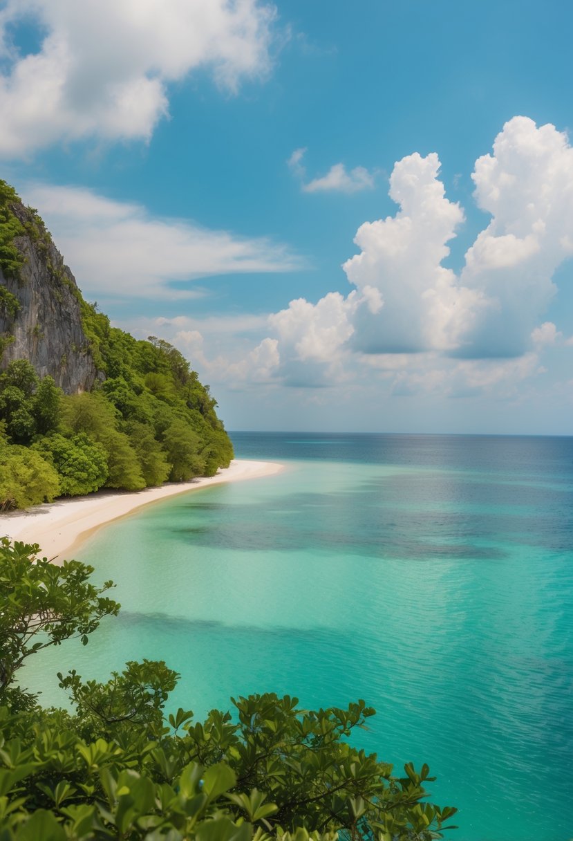 A serene beach on Con Dao Island, with crystal clear waters and lush greenery, perfect for a romantic honeymoon getaway