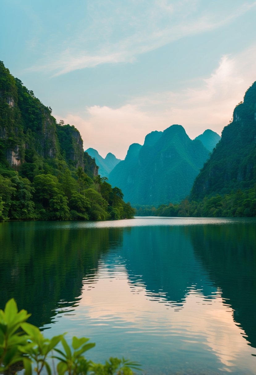 A serene lake surrounded by lush green mountains in Ba Be National Park, Vietnam