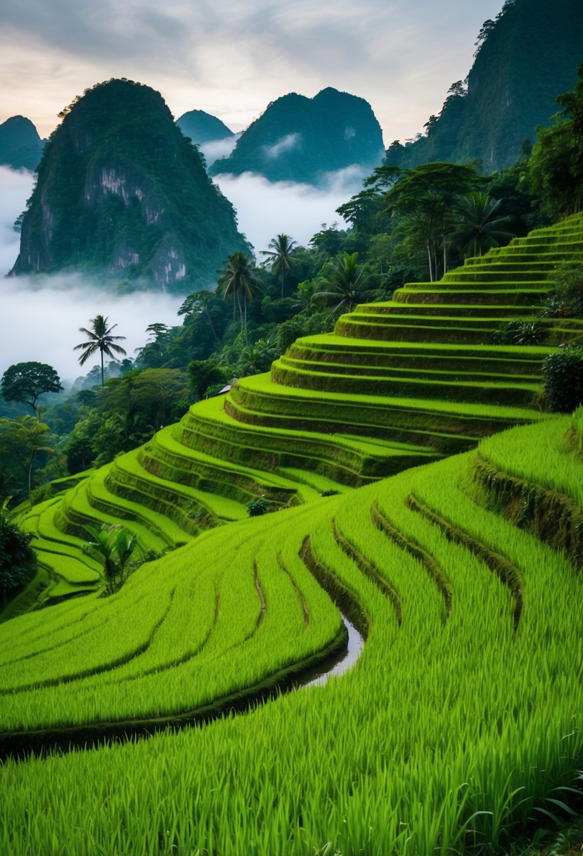 Lush green rice terraces cascade down the mountainside, surrounded by dense jungle and misty peaks in Pu Luong Nature Reserve, Vietnam