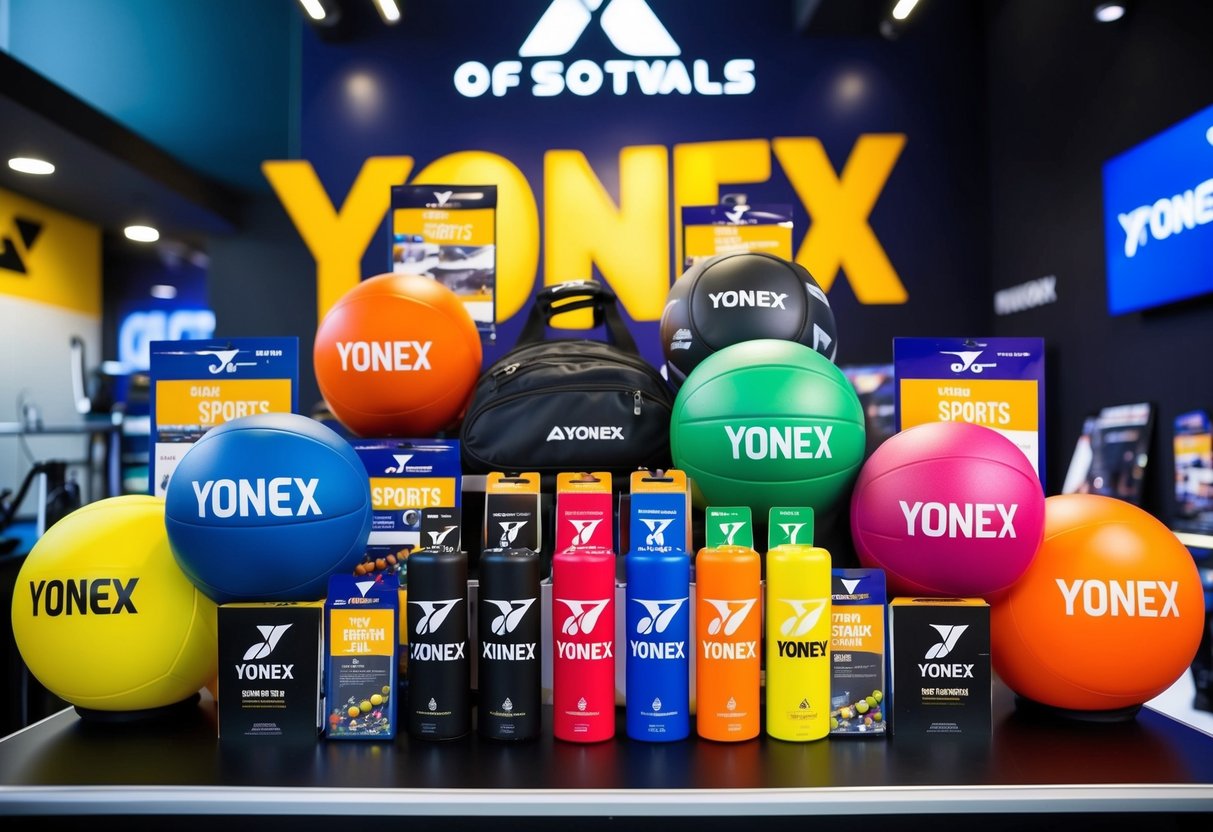 A colorful display of Yonex sports equipment and promotional materials arranged in a dynamic and eye-catching manner