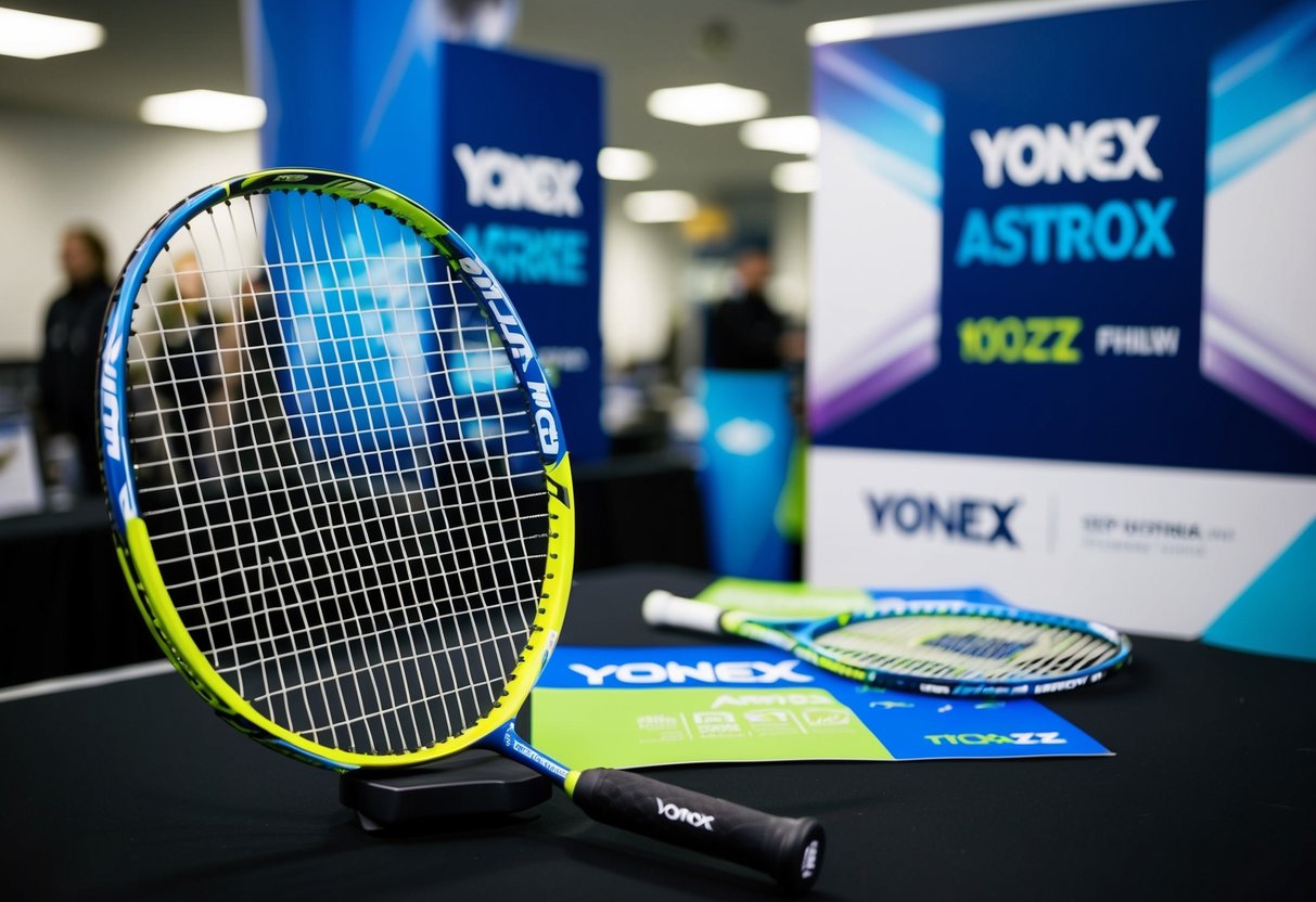 A badminton racket, the Yonex Astrox 100ZZ, displayed with promotional materials