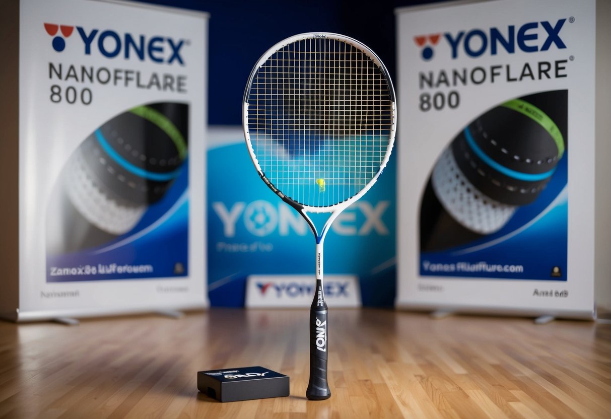 A badminton racket, the Yonex Nanoflare 800, prominently displayed with Yonex promotional materials in the background