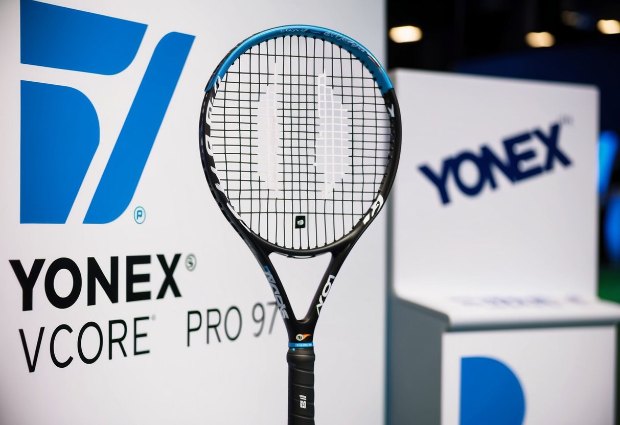 A tennis racket, the Yonex VCORE Pro 97, is featured in a promotional display with the Yonex logo and branding