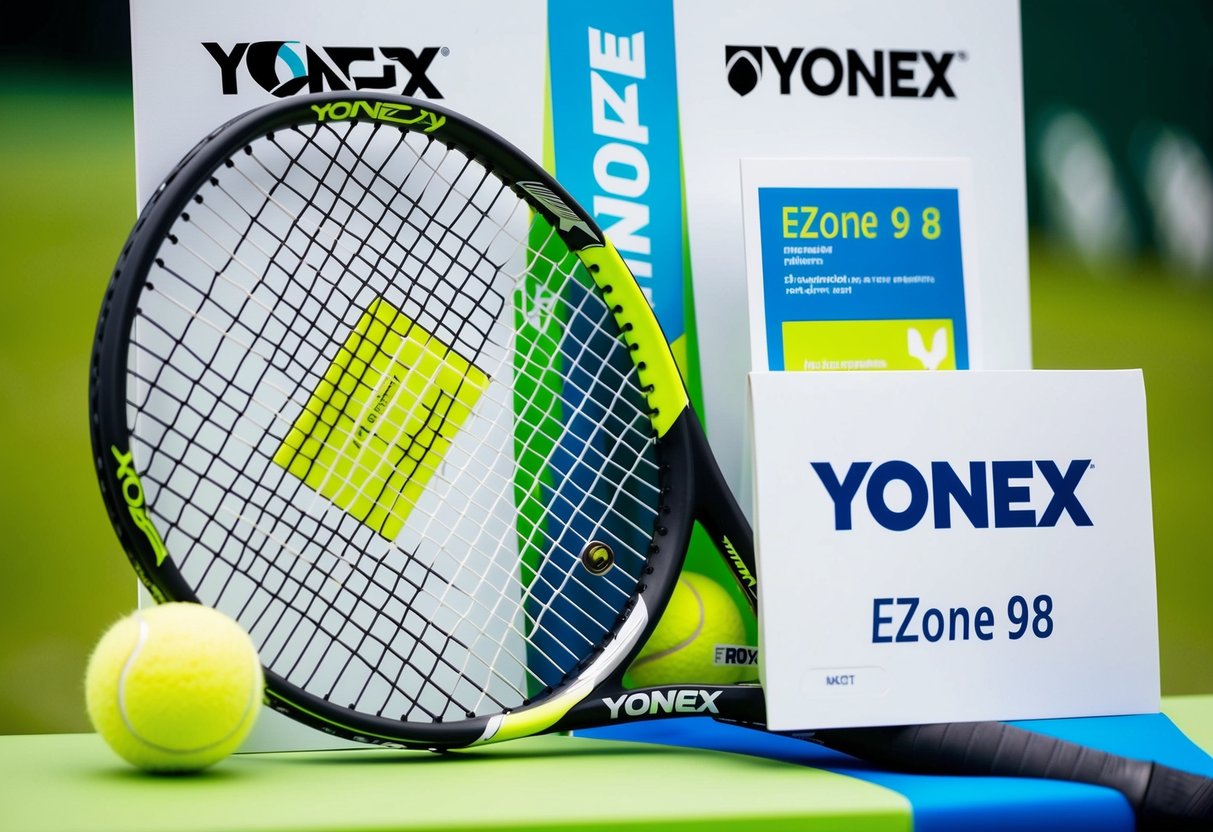 A tennis racket, the Yonex EZONE 98, prominently displayed among Yonex promotional materials