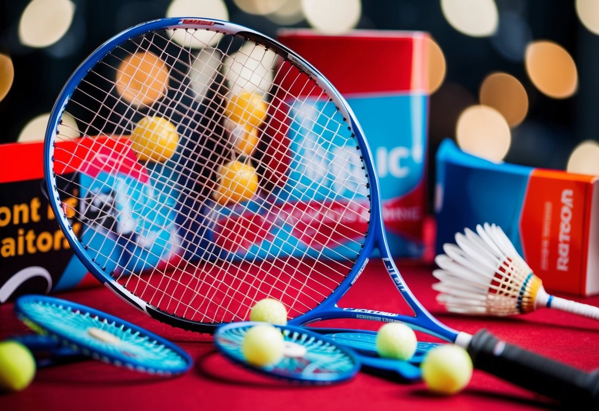 A dynamic badminton racket surrounded by promotional elements
