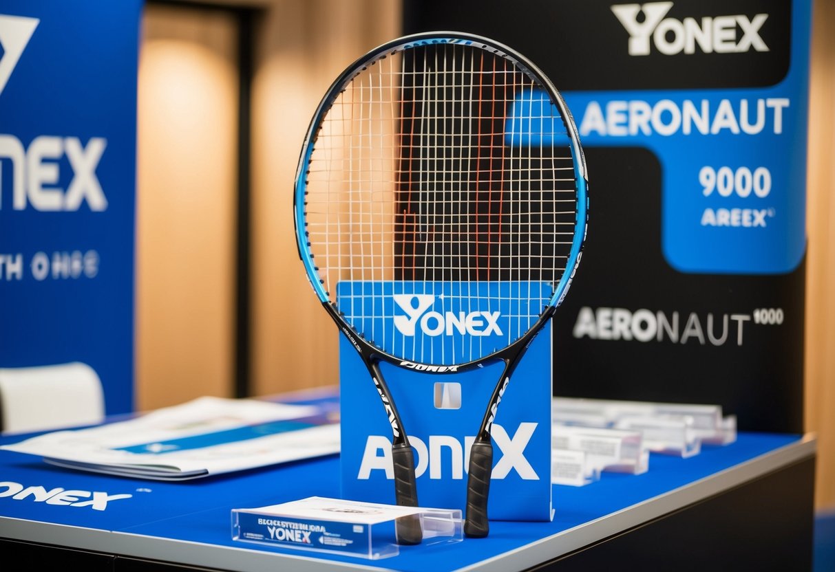 A badminton racket, the Yonex Aeronaut 9000, displayed with promotional materials