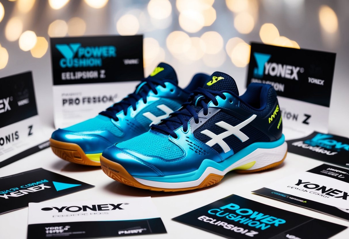 A pair of Yonex Power Cushion Eclipsion Z tennis shoes surrounded by promotional materials