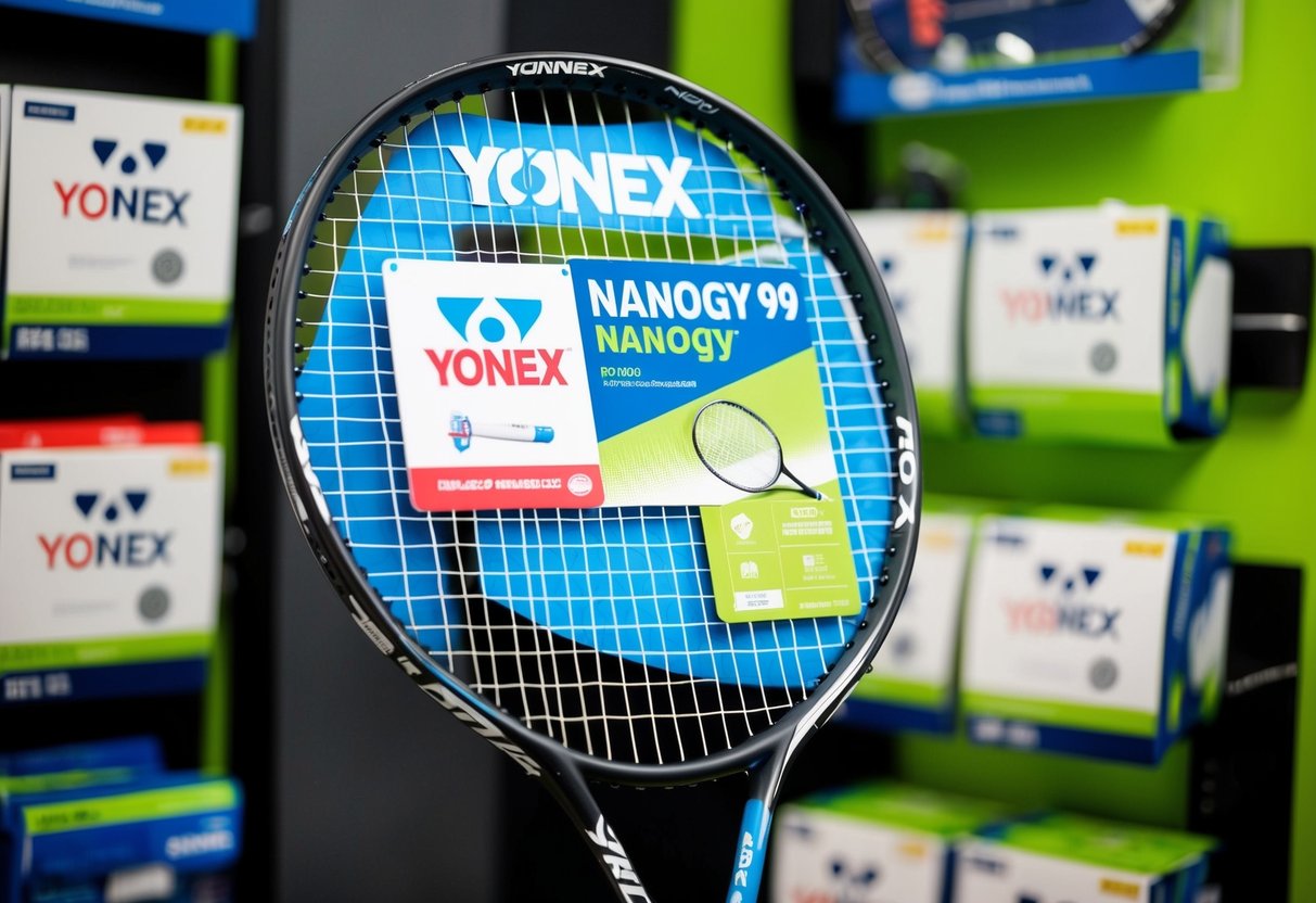 A badminton racket with Yonex Nanogy 99 string and promotional materials displayed in a sports equipment store