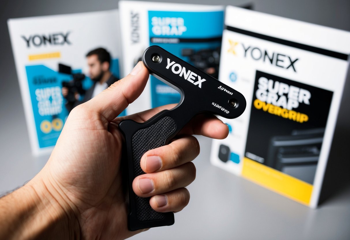 A hand holding a Yonex Super Grap Overgrip with promotional materials in the background