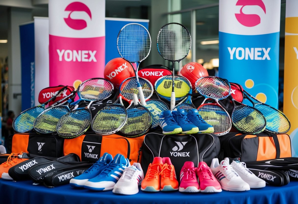 A table overflowing with Yonex badminton rackets, shoes, and bags, surrounded by bright promotional banners and signs