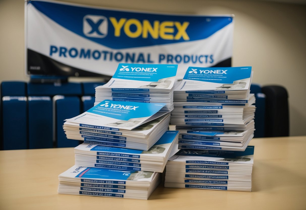 A stack of promotional flyers for Yonex products, neatly arranged on a table with a banner above