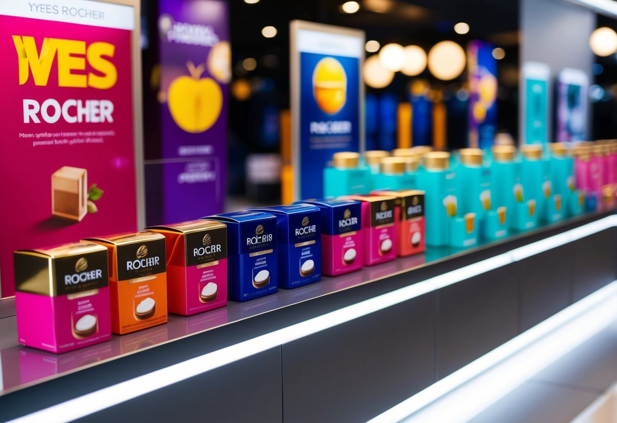 A vibrant display of Yves Rocher products on a sleek, modern shelf with bold promotional signs and colorful packaging