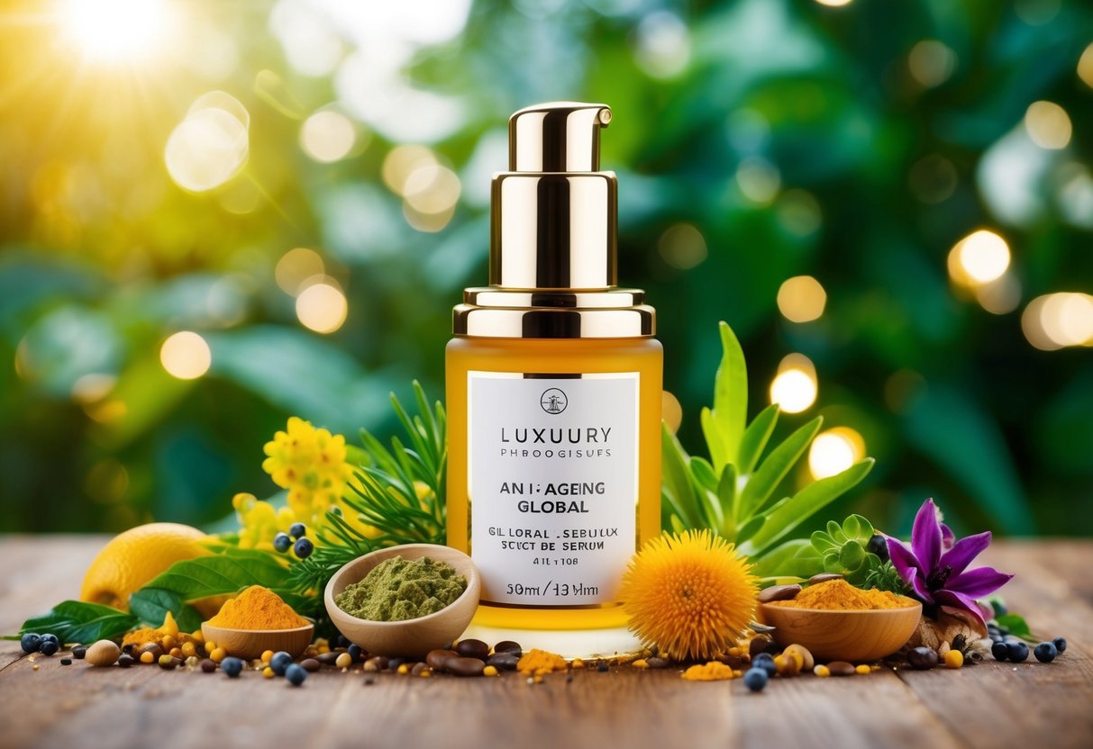A luxurious bottle of Anti-Ageing Global Serum surrounded by vibrant botanicals and natural ingredients