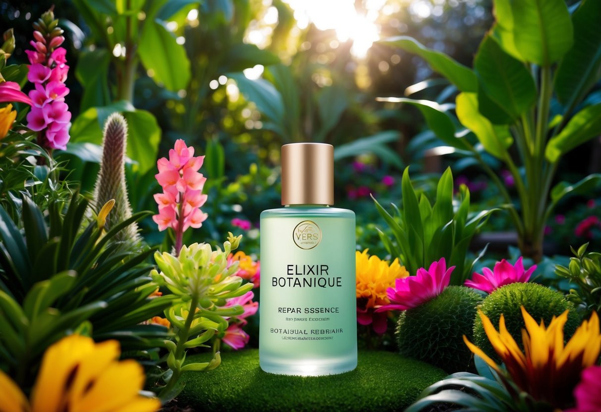A lush botanical garden with vibrant flowers and exotic plants, showcasing the Elixir Botanique Repair Essence by Yves Rocher
