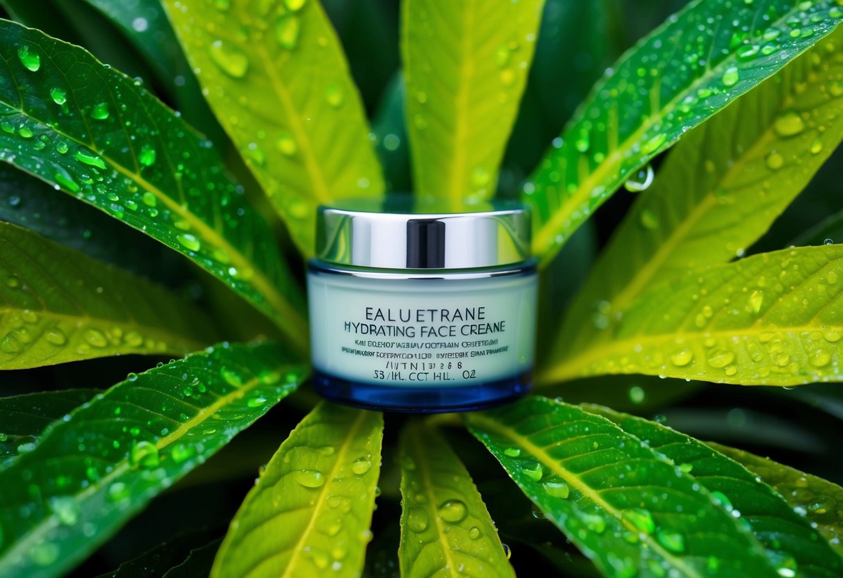 A glass jar of hydrating face cream surrounded by vibrant green leaves and droplets of water