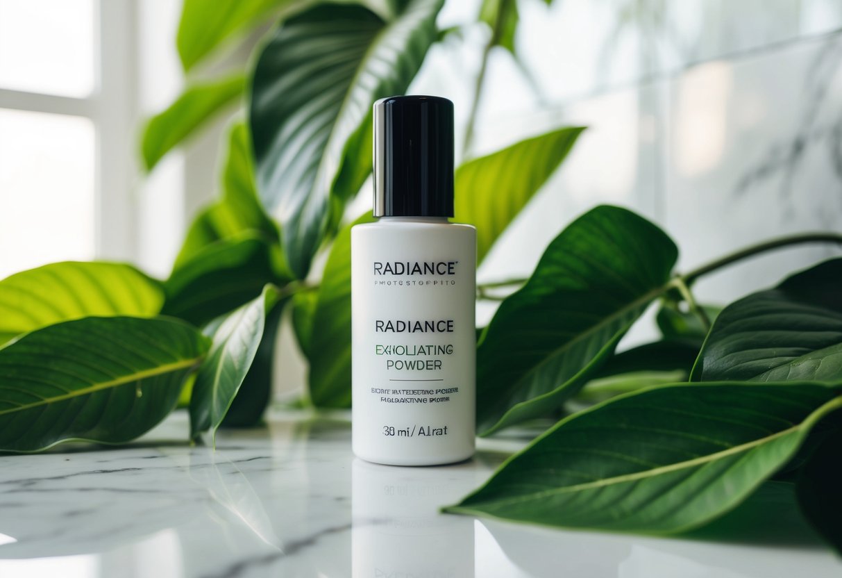 A bottle of Radiance Exfoliating Powder sits on a marble countertop, surrounded by lush green leaves and bathed in soft natural light