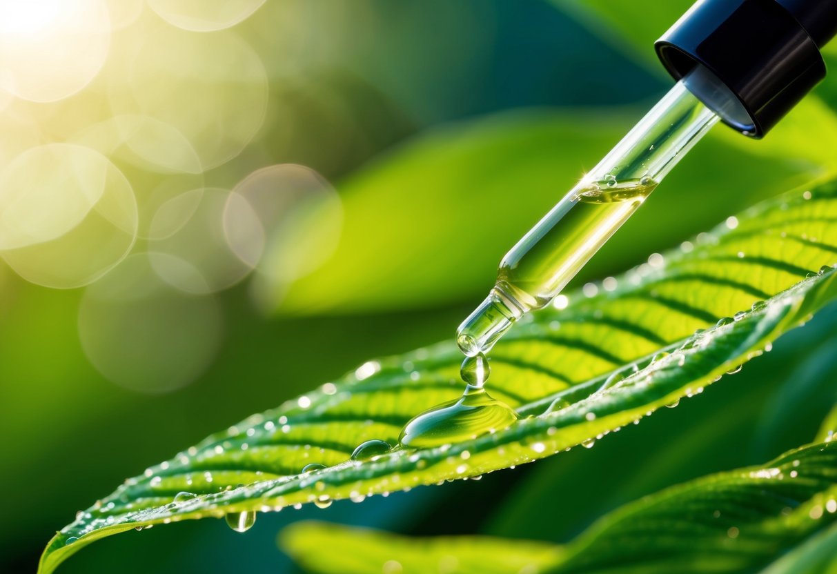 A dropper releasing serum onto a lush green leaf, with water droplets glistening in the sunlight