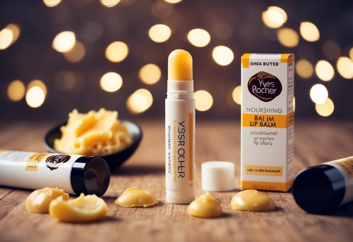 A tube of nourishing lip balm surrounded by shea butter and promotional materials from Yves Rocher