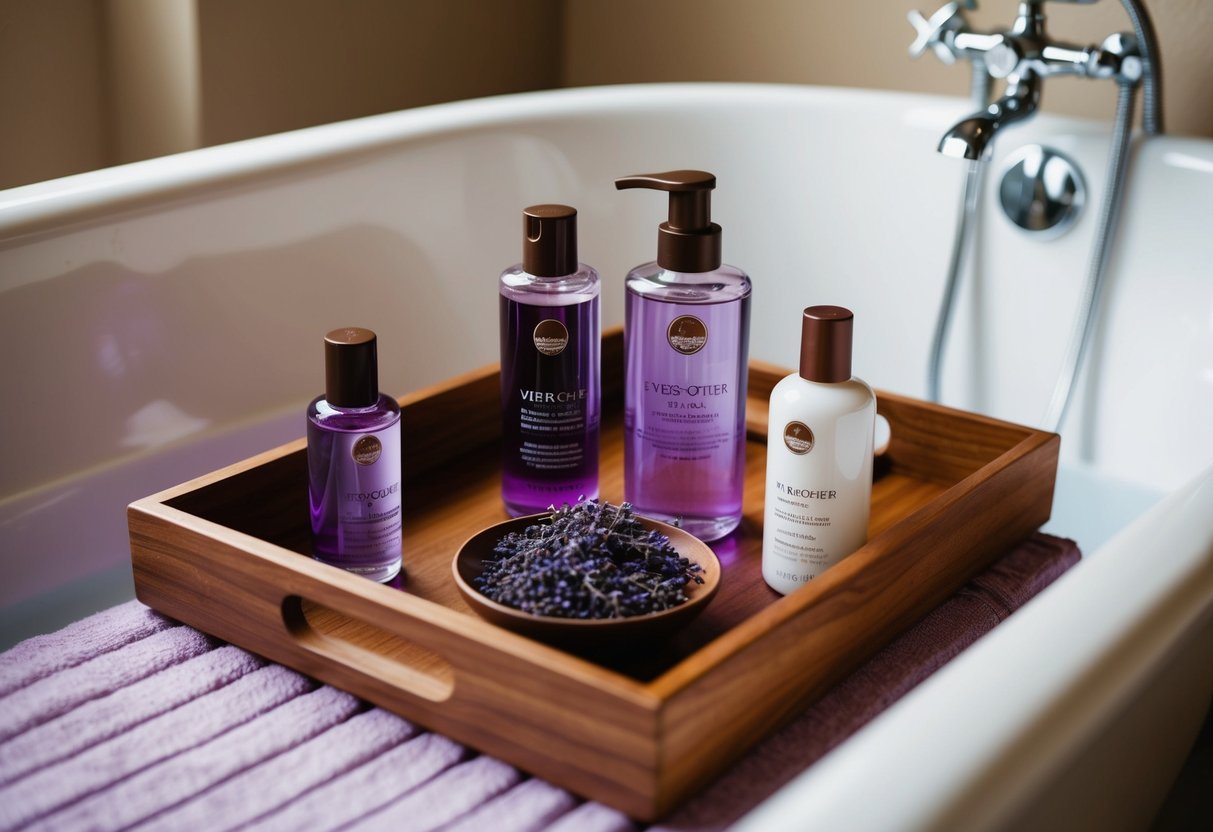 A serene bathtub filled with lavender bath oil surrounded by Yves Rocher products on a wooden tray
