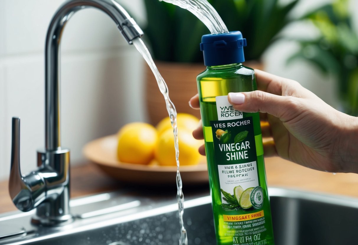A bottle of Yves Rocher vinegar shine product being rinsed under running water