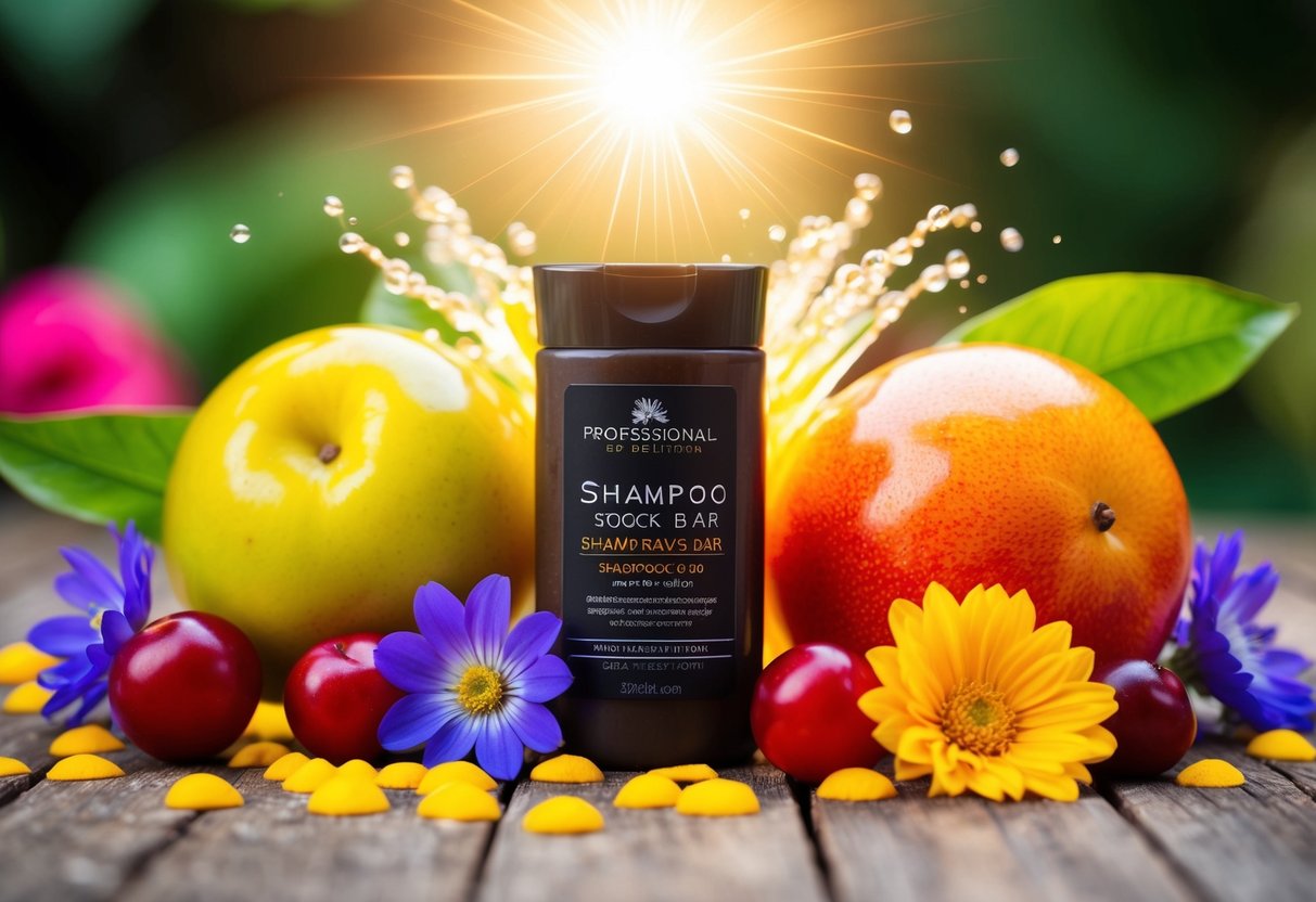 A shampoo bar surrounded by vibrant, glossy fruits and flowers, with a burst of light shining down on it