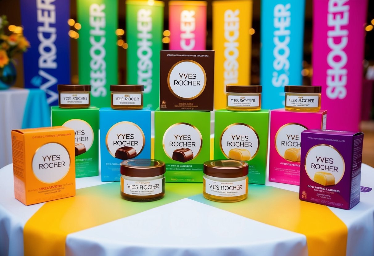 A table displaying Yves Rocher products with promotional signage and colorful banners