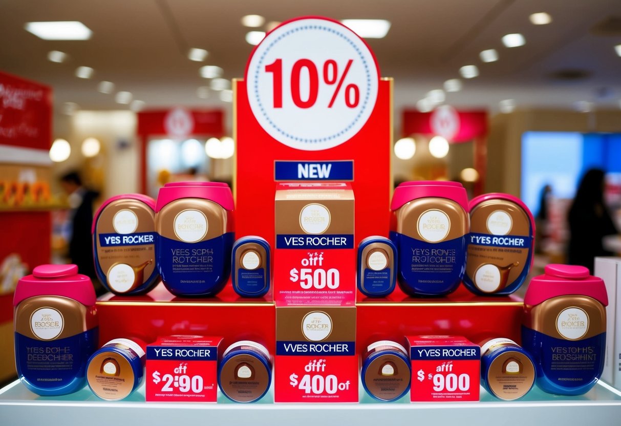 A vibrant display of Yves Rocher products with promotional signage and discounts