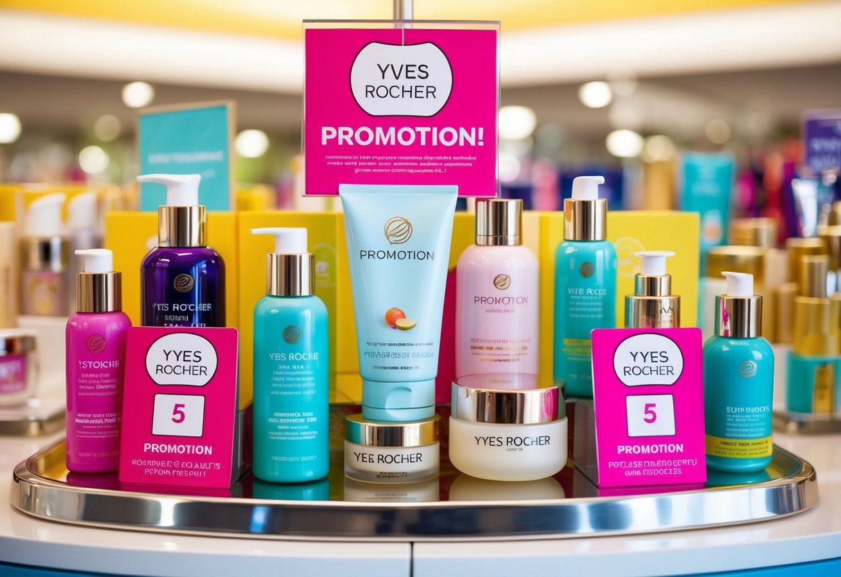 A colorful display of Yves Rocher products with "promotion" signs and price tags. Bright and inviting store layout with various beauty and skincare items