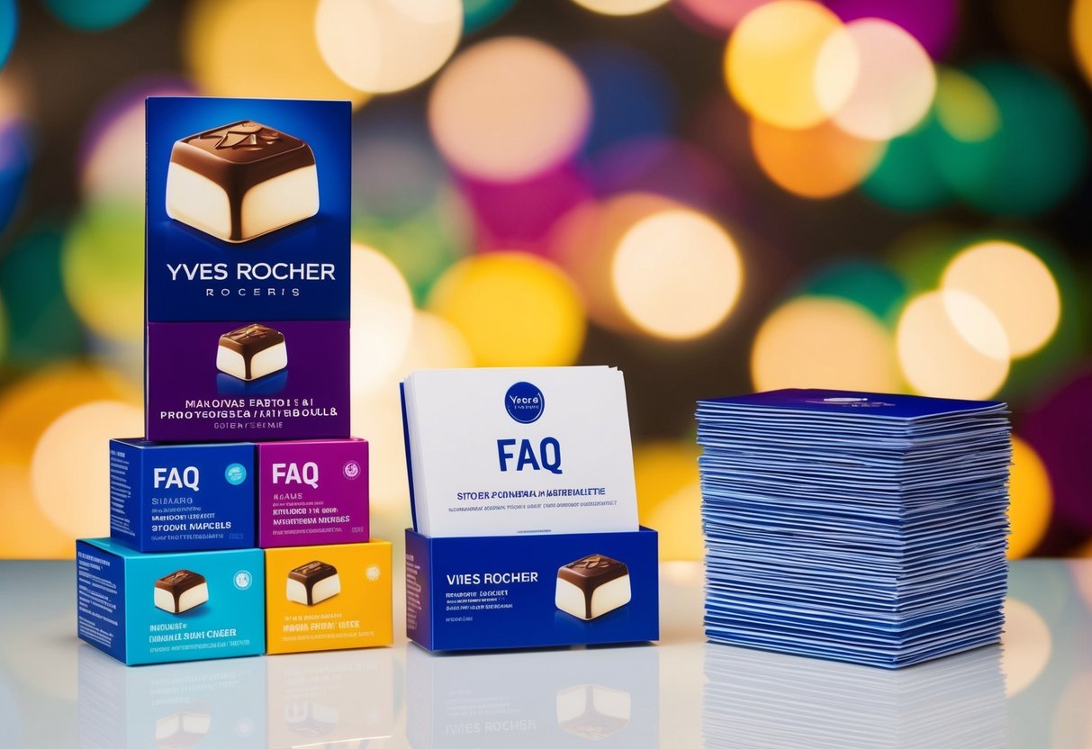A colorful display of Yves Rocher promotional materials with a stack of FAQ cards and vibrant product images