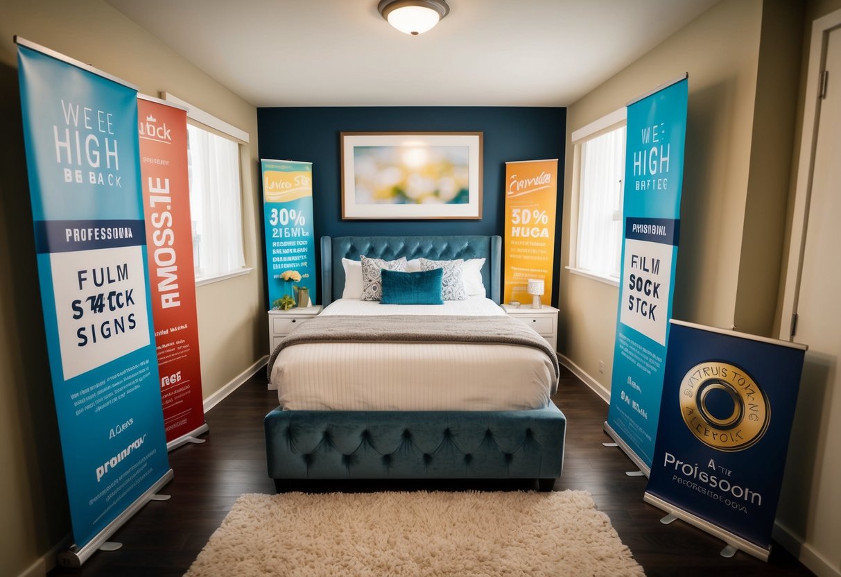 A cozy bedroom with a plush queen size bed surrounded by promotional banners and signs