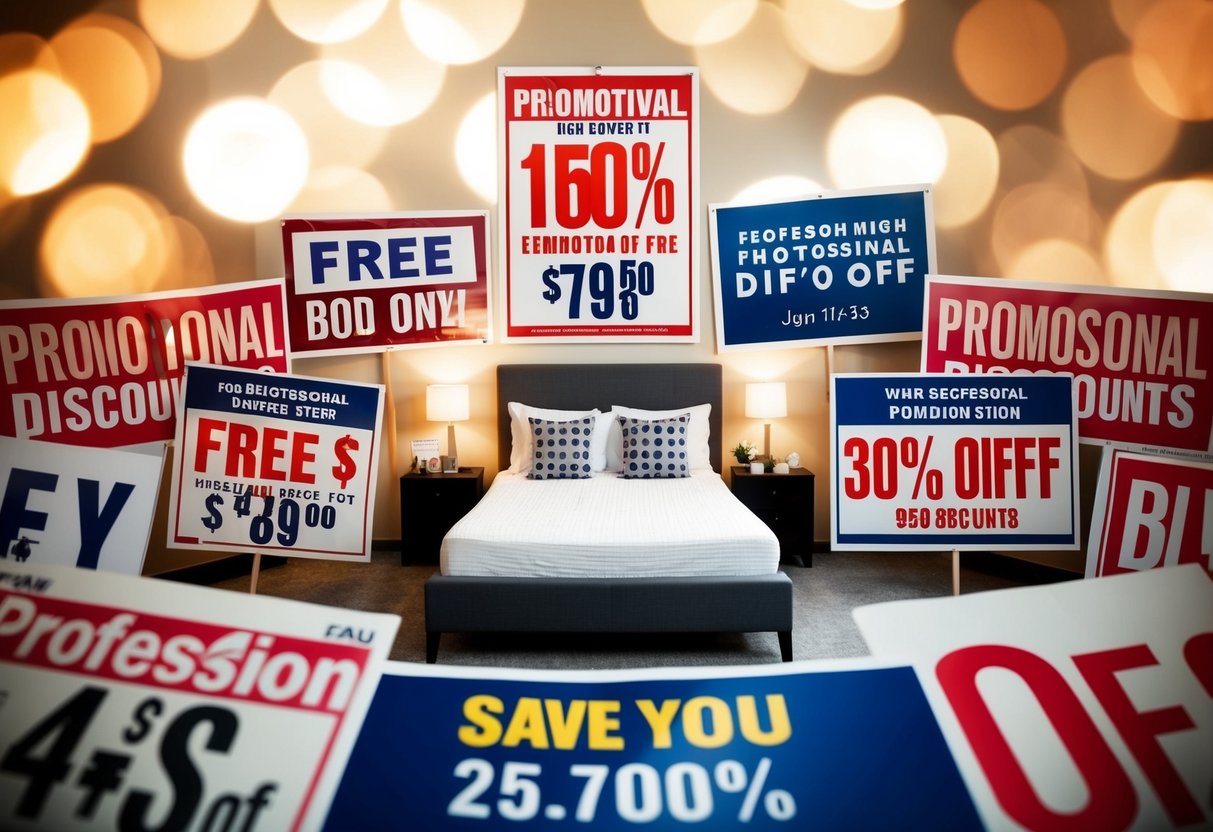 A bedroom with a queen size bed surrounded by promotional signs and discounts