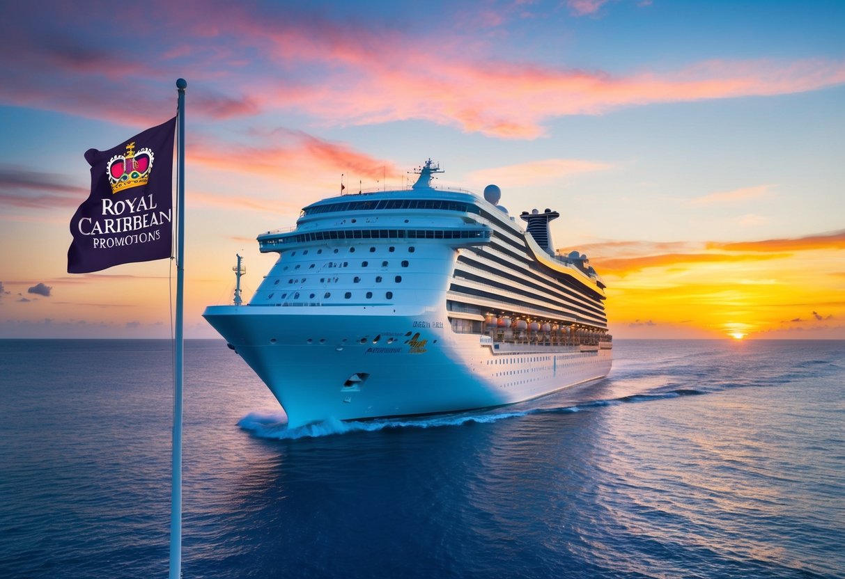 A cruise ship sailing on clear blue waters, with a vibrant sunset in the background and a banner displaying "Royal Caribbean Promotions" fluttering in the wind