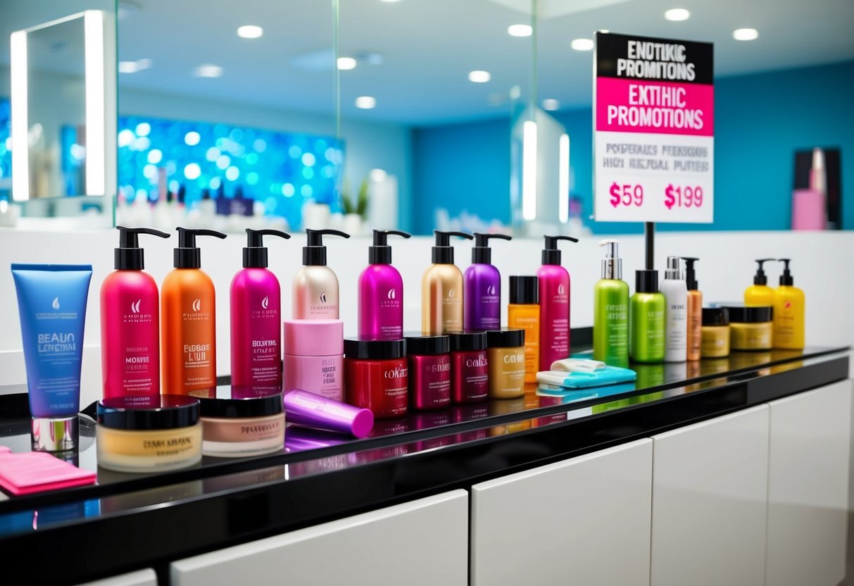 A colorful array of beauty products displayed on a sleek, modern salon counter, with a sign advertising enticing promotions
