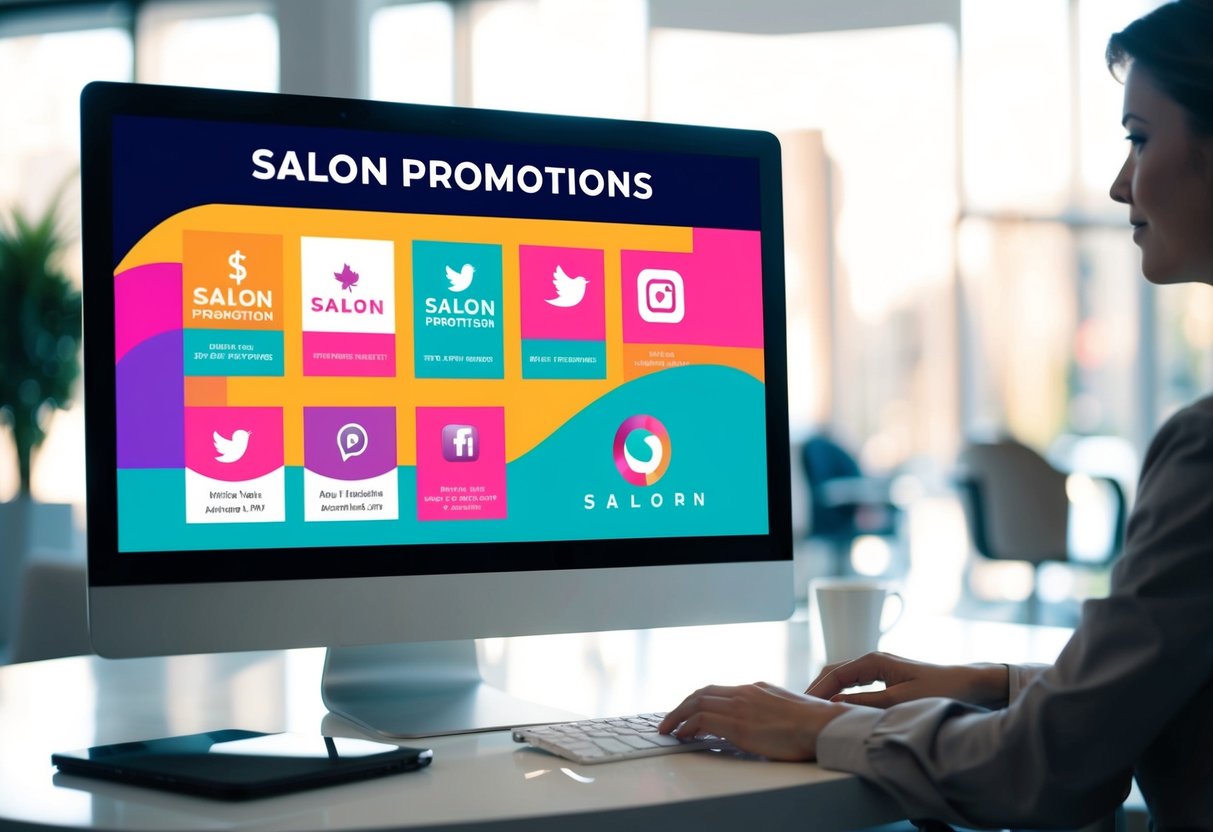 A colorful digital graphic featuring various salon promotions displayed on a computer screen, surrounded by social media icons and a sleek salon logo