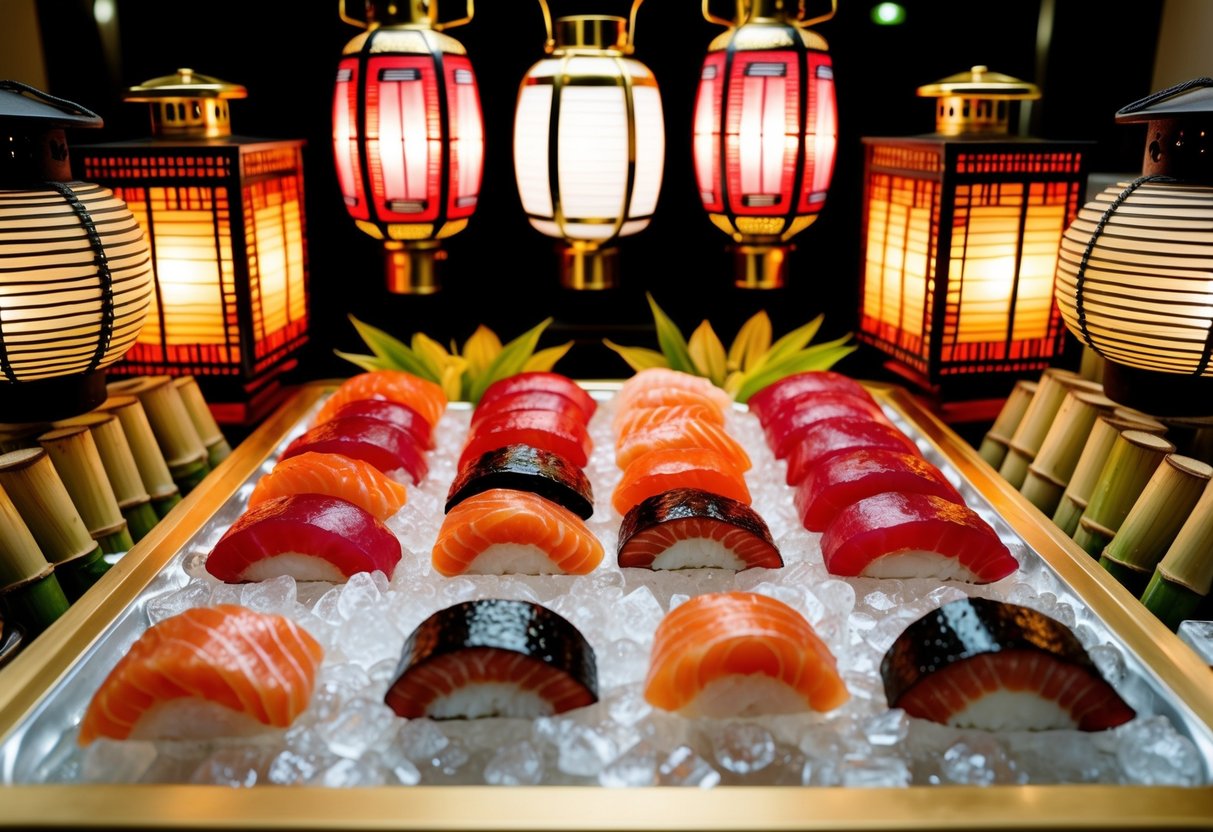 A colorful display of fresh sashimi arranged on ice, surrounded by decorative Japanese lanterns and bamboo accents