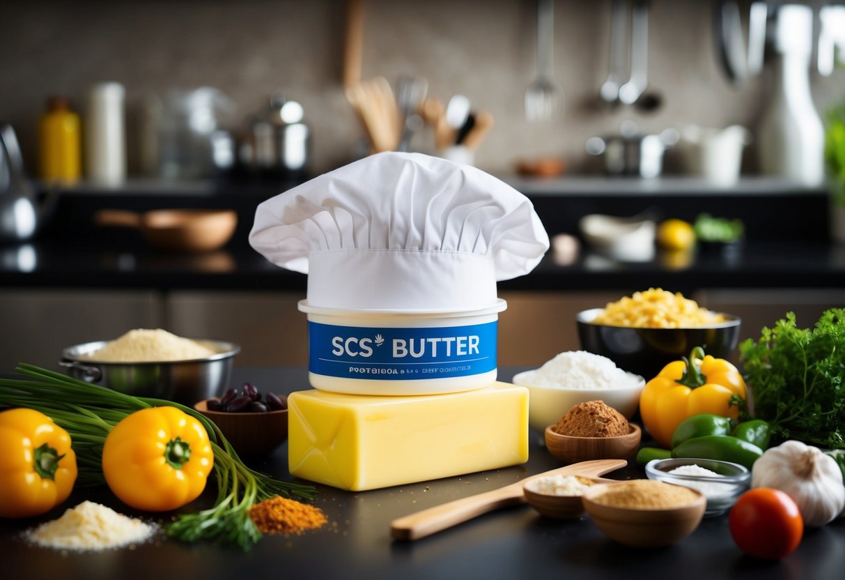 A chef's hat surrounded by various ingredients and kitchen utensils, with a tub of SCS butter as the central focus