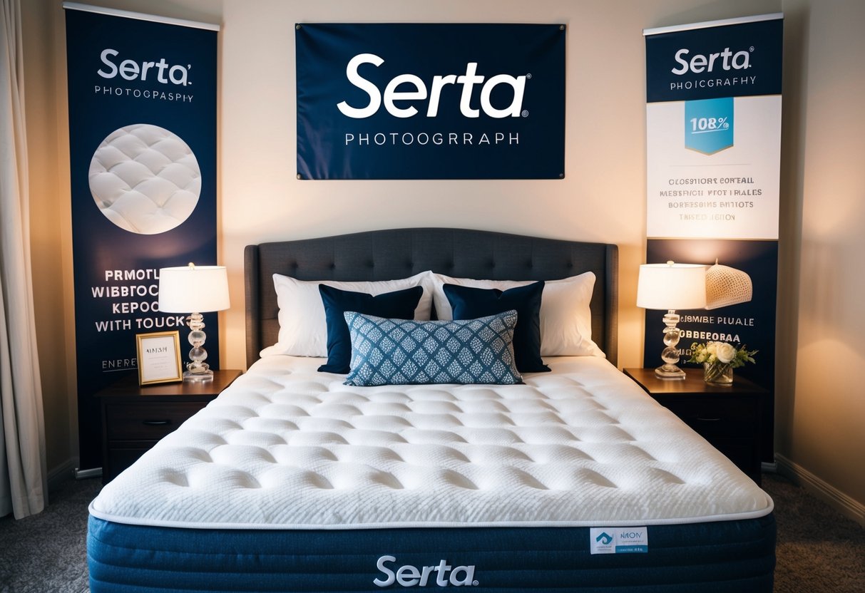 A cozy bedroom with a Serta mattress and pillows, surrounded by promotional banners and signs