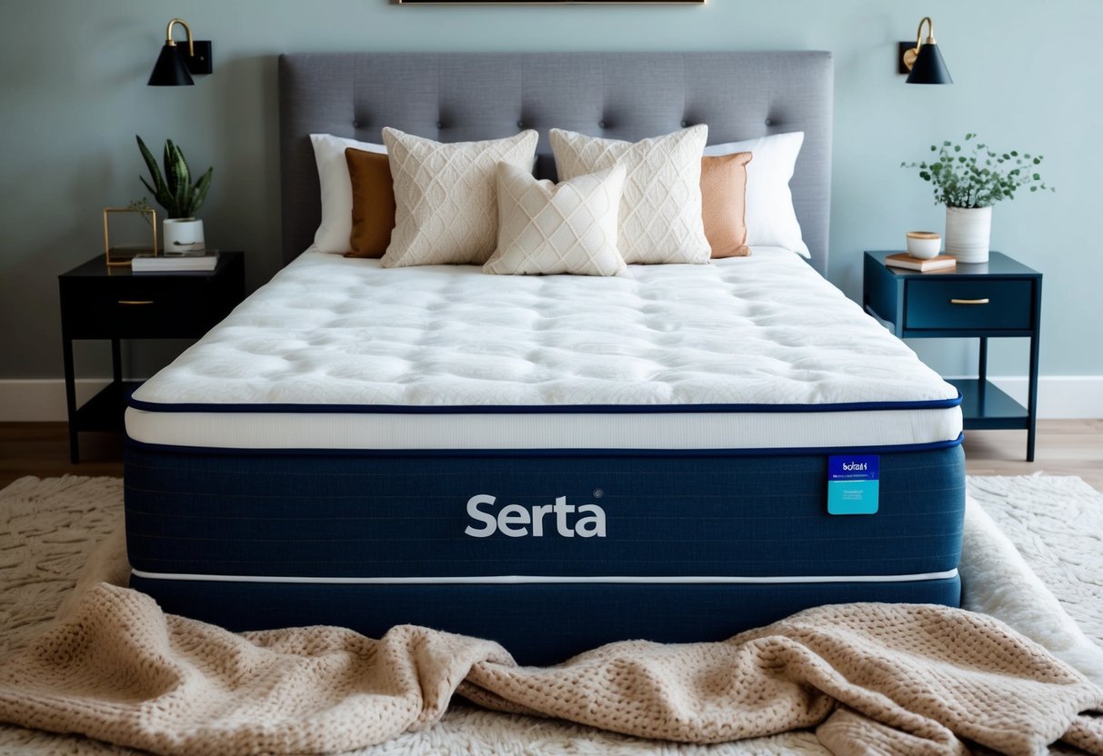 A cozy bedroom with a Serta mattress and pillows, surrounded by soft blankets and a soothing color scheme