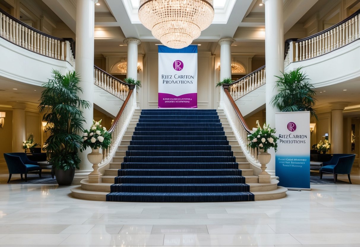 A luxurious hotel lobby adorned with elegant decor and a grand staircase, with a banner displaying "Ritz Carlton Promotions" prominently displayed