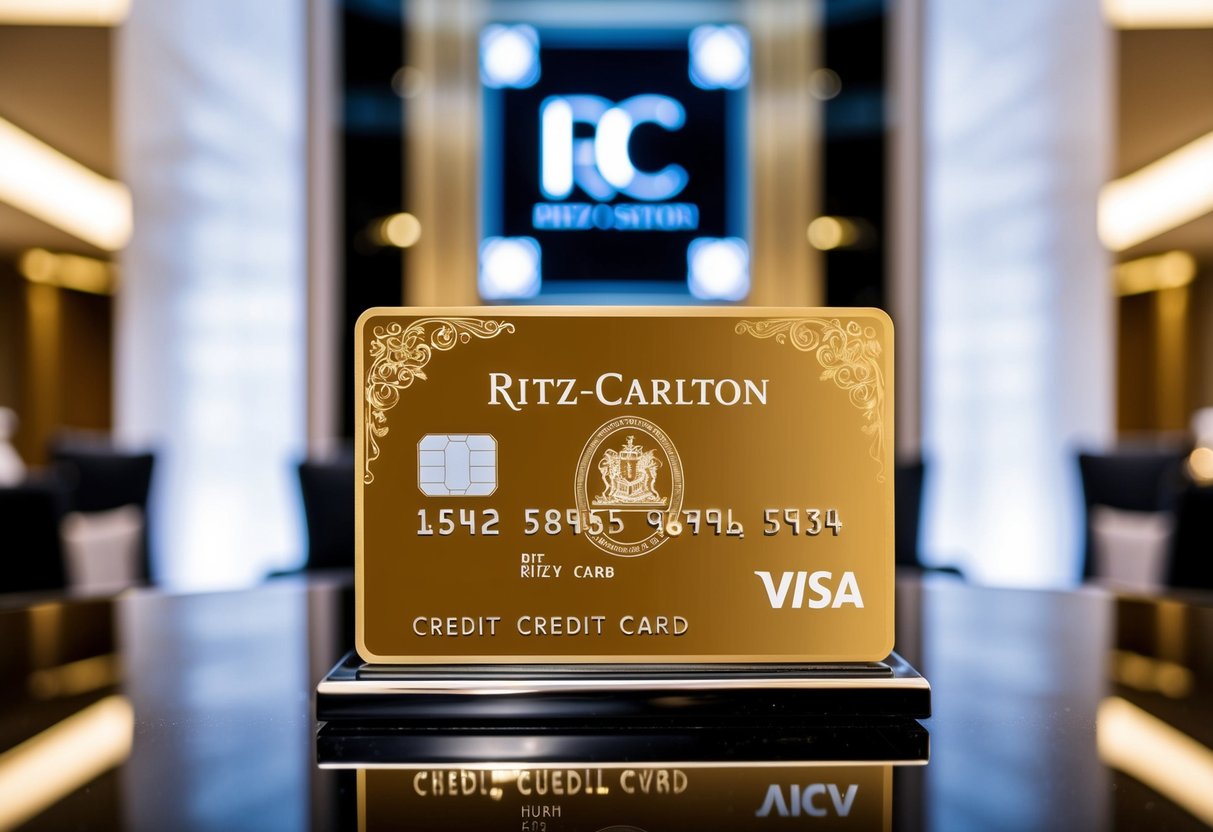 A luxurious Ritz-Carlton credit card displayed with elegant branding and opulent details, set against a backdrop of upscale surroundings