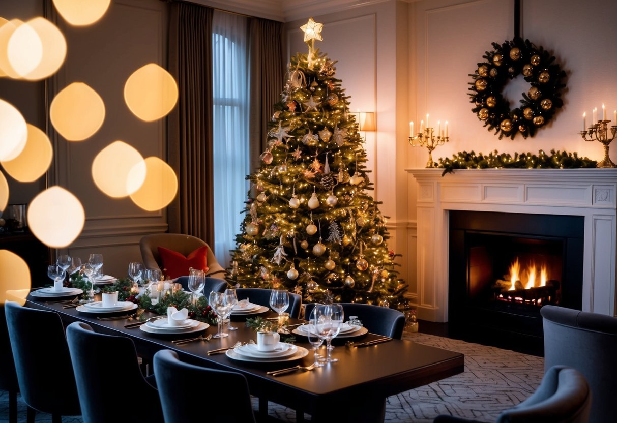 A cozy living room with a glowing fireplace, a decorated Christmas tree, and a table set for a festive holiday dinner at the Ritz Carlton