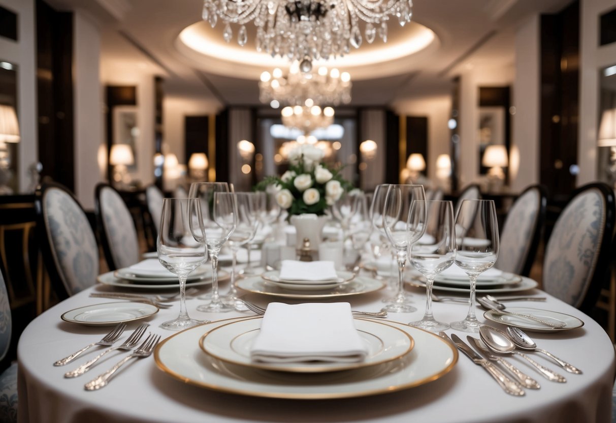 A luxurious dining table set with fine china, crystal glassware, and elegant silverware, surrounded by opulent decor and soft ambient lighting