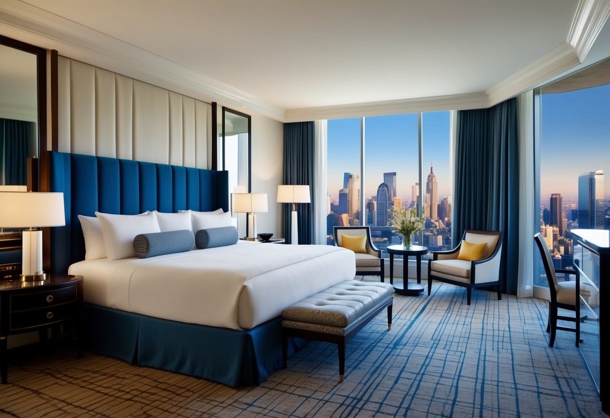 A luxurious hotel suite with a grand bed, elegant furnishings, and a stunning view of the city skyline